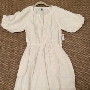 Old Navy Waist-Defined Puff-Sleeve Mini Poet Dress, White, XS